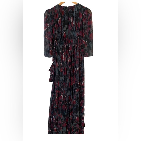 Badgley Mischka Pleated Ruffle Floral Gown, Long Sleeve Maxi Dress - Picture 6 of 10